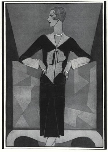 Douglas Pollard illustration of Schiaparelli's bowknot sweater, Vogue, December 1927