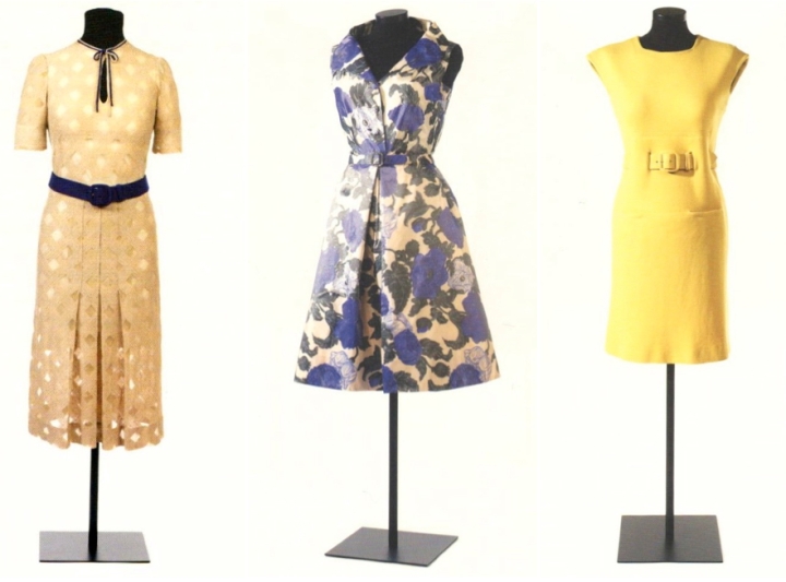 Pedro Rodriguez day dresses for Maria Brillas: 1930s embroidered cotton tulle, 1950s printed silk taffeta, and 1960s canary-yellow double knit