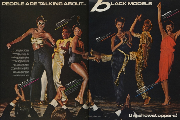 Billie Blair, Renée King, Toukie Smith, Iman, Alva Chinn, and Dana Dixon in Vogue, December 1978