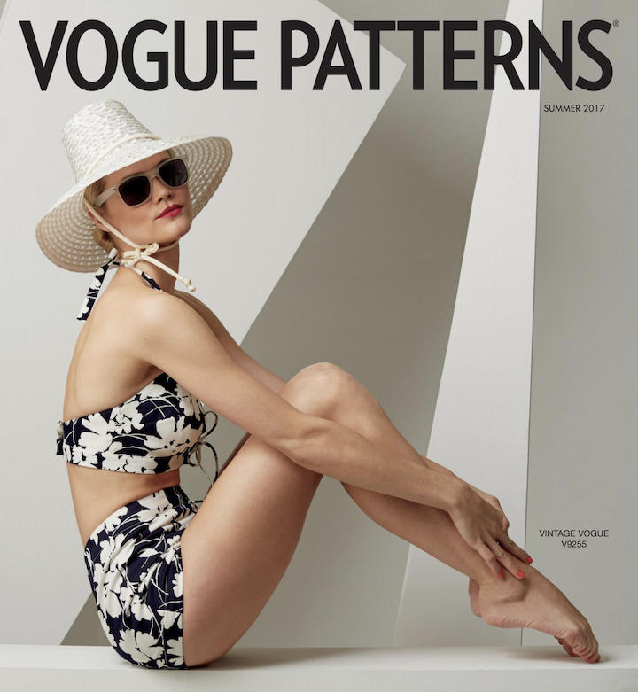 VOGUE PATTERNS, SUMMER 2017. A model in hat and sunglasses poses in two-piece swimwear pattern Vintage Vogue V9255